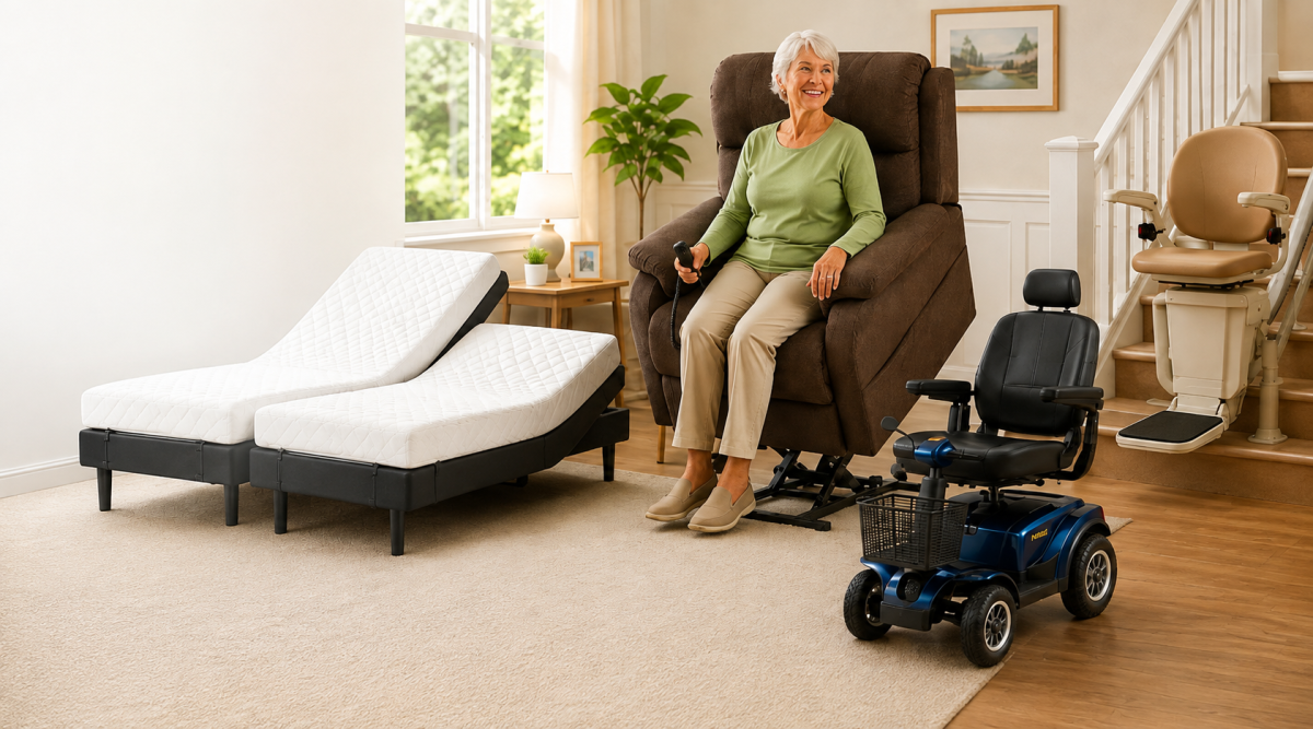 Mobility equipment in Jacksonville, FL including a lift chair, stair lift, and mobility scooter to help seniors maintain independence at home.