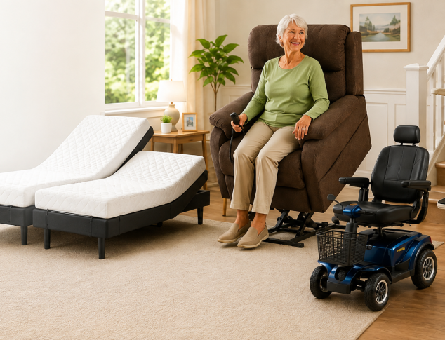Mobility equipment in Jacksonville, FL including a lift chair, stair lift, and mobility scooter to help seniors maintain independence at home.