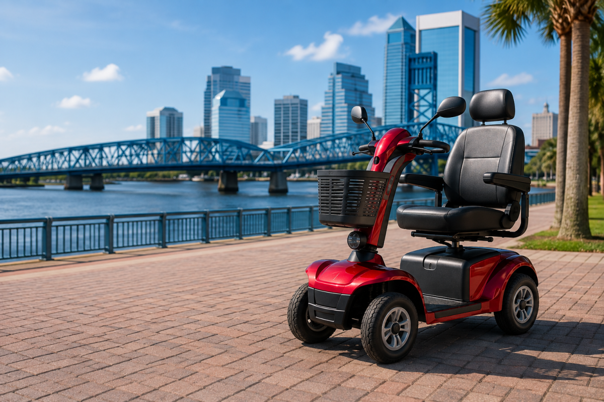 Red mobility scooter on Jacksonville riverfront for a complete buyer's guide to choosing the best mobility scooter in Jacksonville, FL.