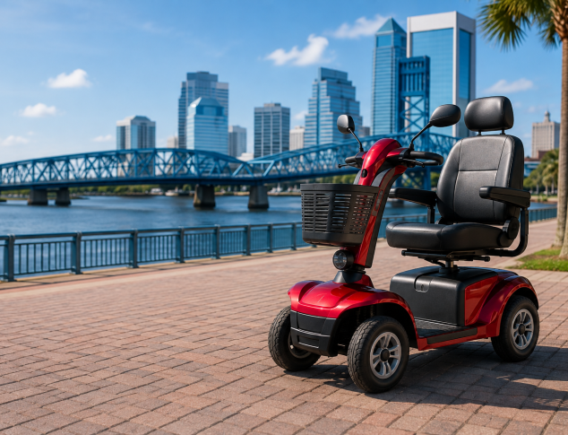 Red mobility scooter on Jacksonville riverfront for a complete buyer's guide to choosing the best mobility scooter in Jacksonville, FL.