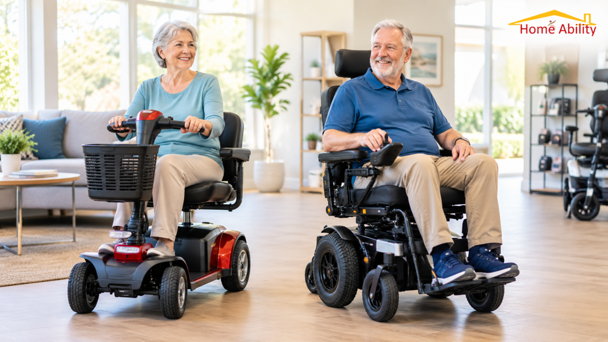 Older adults using a mobility scooter and power wheelchair in a bright mobility equipment showroom.